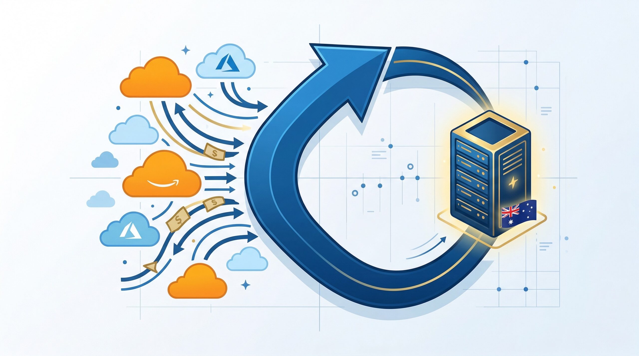 A professional vector illustration showing a large blue boomerang arrow leaving chaotic public clouds (orange/light blue icons) and returning to a stable, glowing gold private server rack with an Australian flag, representing cloud repatriation to Amaze CloudCore in 2026.