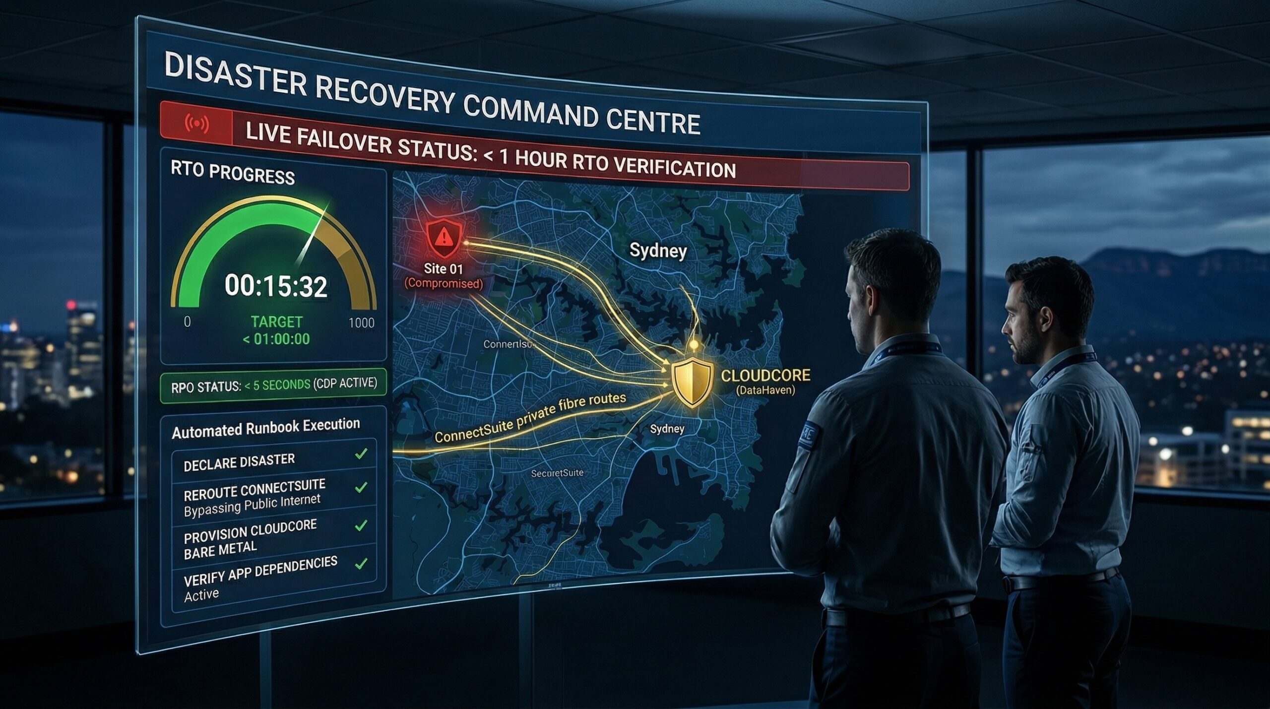 A cinematic 16:9 de-branded photo in deep blues and golds, looking from behind two focused IT infrastructure specialists intensely observing a massive, curved transparent OLED display in a high-tech Sydney West NOC at night.