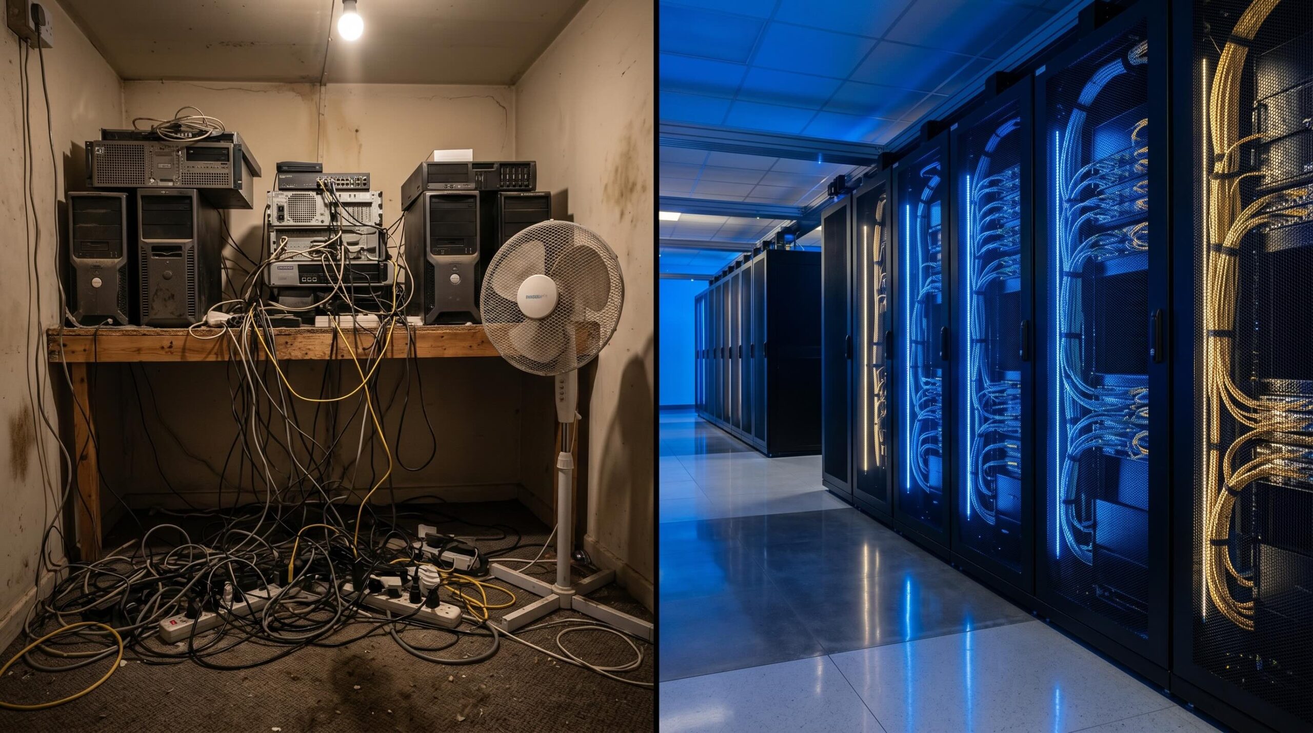 A cinematic 16:9 split-screen comparison. The left side shows a dimly lit, messy office server room with tangled cables and a household fan. The right side shows a pristine, modern data centre aisle with glowing blue and gold lights and perfect cable management. No branding or logos.